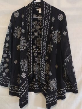 Coldwater Creek Black Cardigan with White Embroidered Motifs